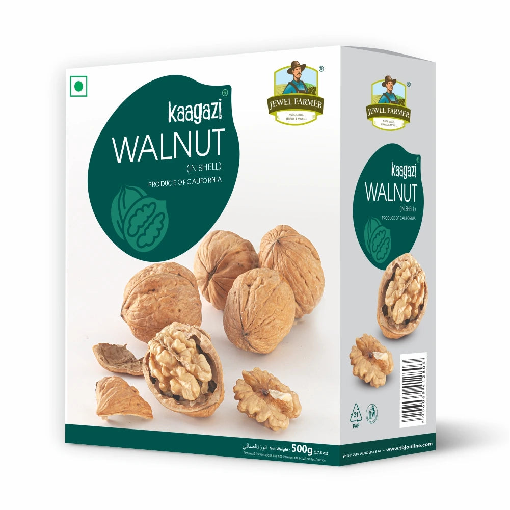 Jewel Farmer California Kaagazi Walnuts 500g – premium quality, easy-to-crack whole walnuts in secure packaging, rich in omega-3 for brain & heart health.