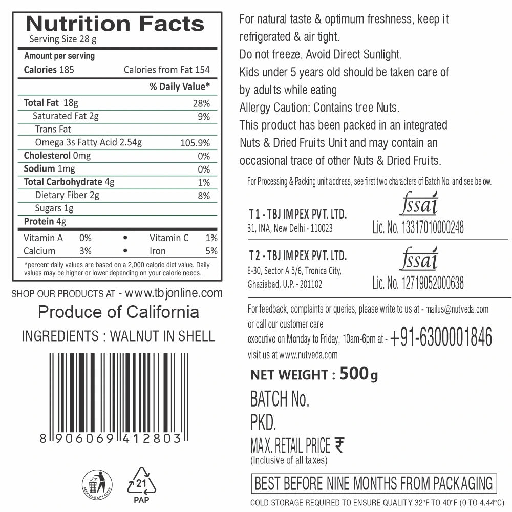 Jewel Farmer California Kaagazi Walnuts 500g – detailed product information, nutritional values, health benefits, and storage instructions for premium quality walnuts.