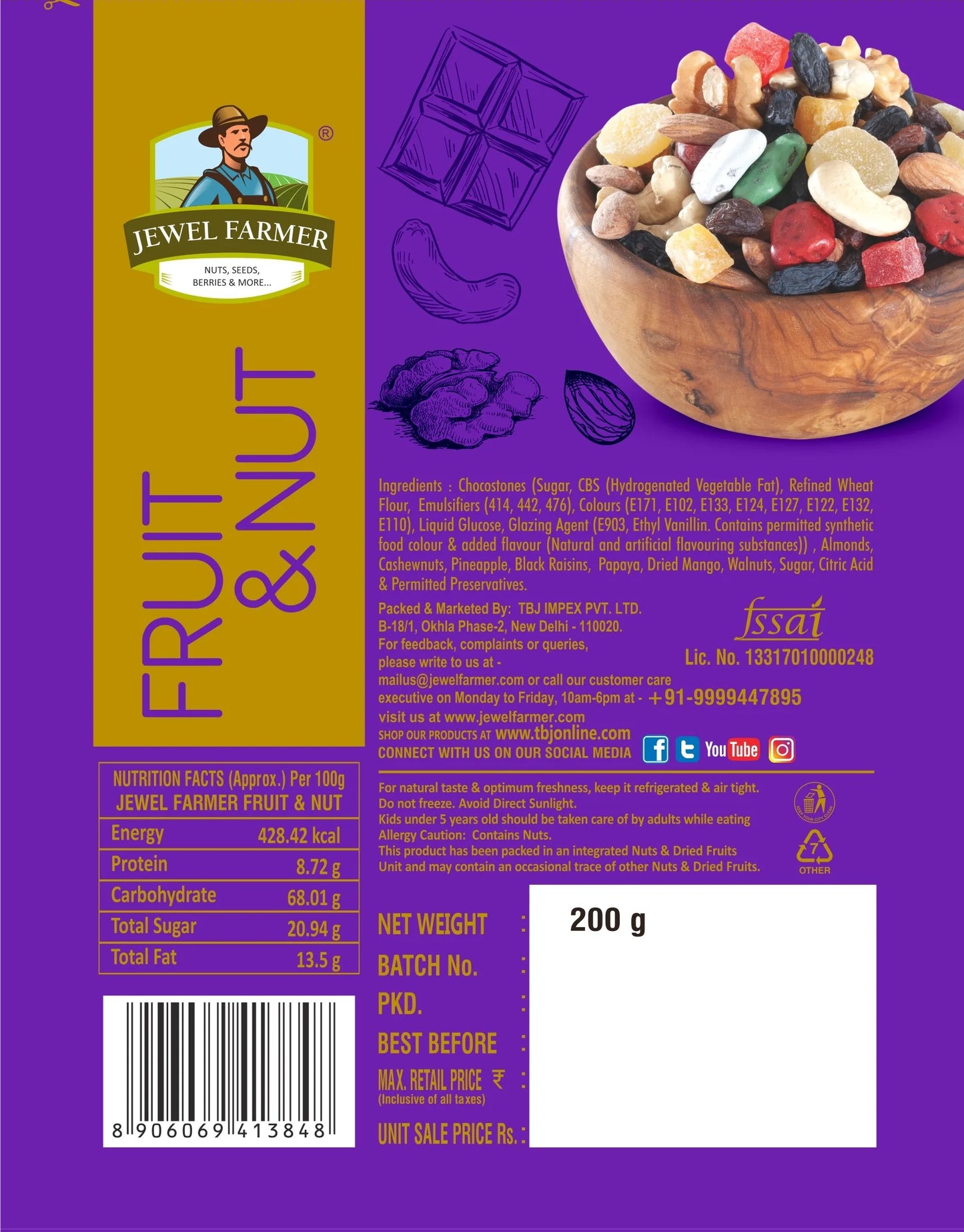 jewel farmer fruit & nut mix 200g information image displaying premium ingredients, nutritional values, and organic dry fruit blend for healthy lifestyle.
