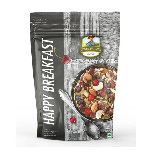 Jewel Farmer Happy Breakfast 200g pack featuring a nutritious mix of premium dry fruits and nuts – high-protein, organic blend for a healthy start.