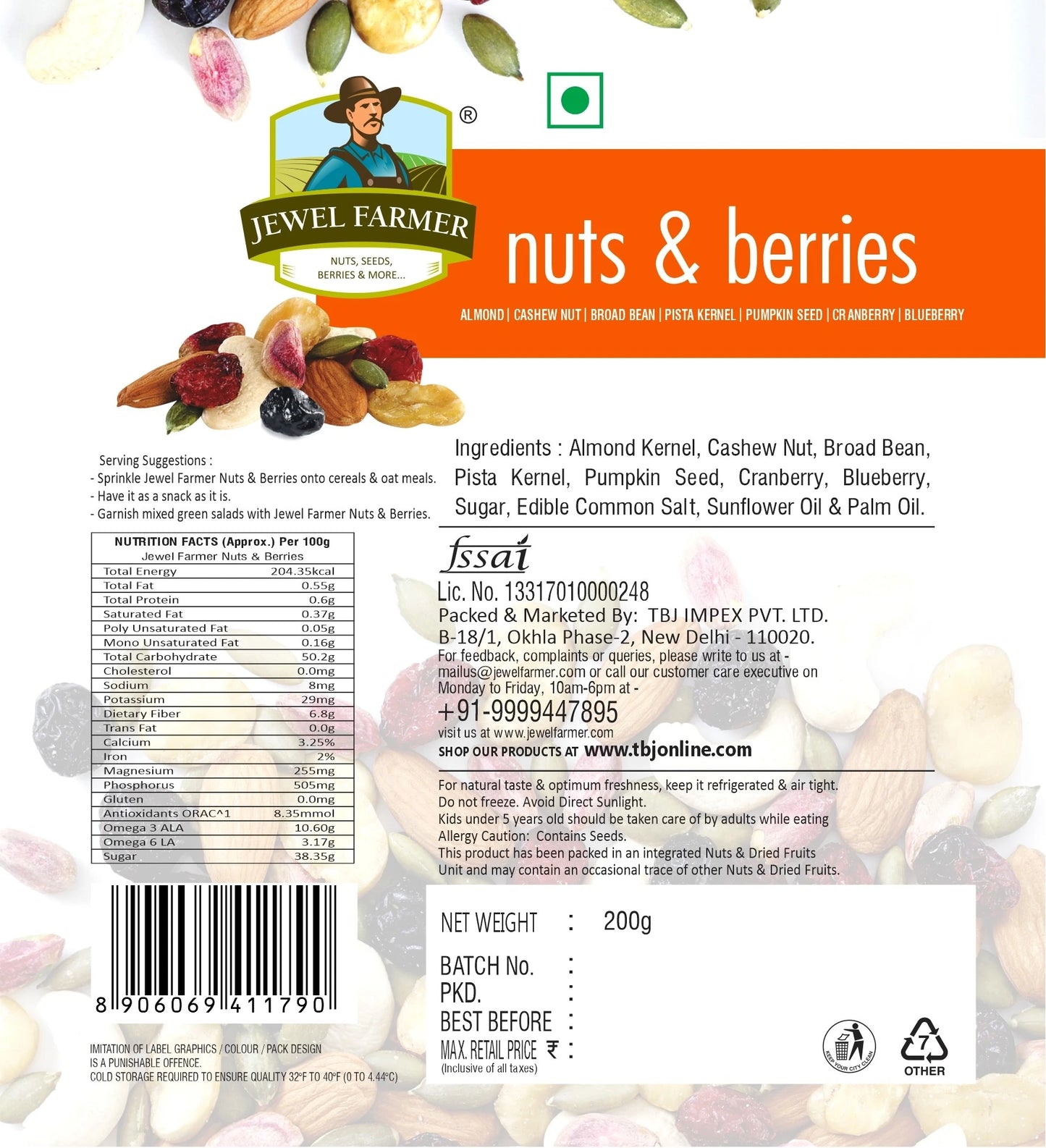 information image of jewel farmer nuts & berries 200g showing nutritional value chart, ingredients list, allergen advice, and health benefits of dry fruits and berries blend or broad bean, pista kernel etc.
