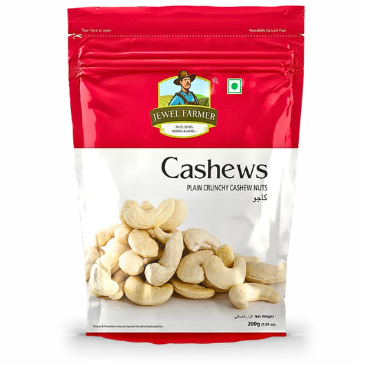 Jewel Farmer Plain Cashew Nuts 200g – whole, natural & premium quality cashews, rich in protein & healthy fats. Perfect for snacking & cooking