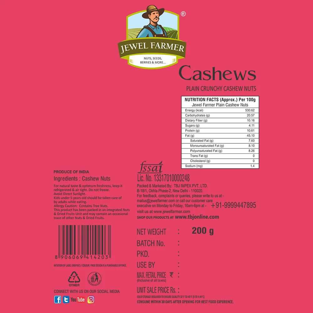 jewel farmer plain cashew nuts – detailed product information, nutritional value, ingredients & storage guidelines.