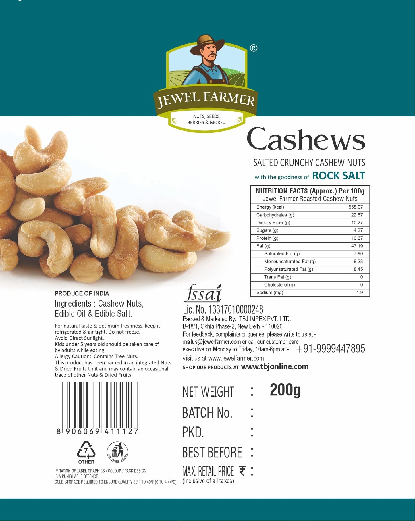 jewel farmer roasted & salted cashews 200g – detailed product information, nutritional values, ingredients, and health benefits.