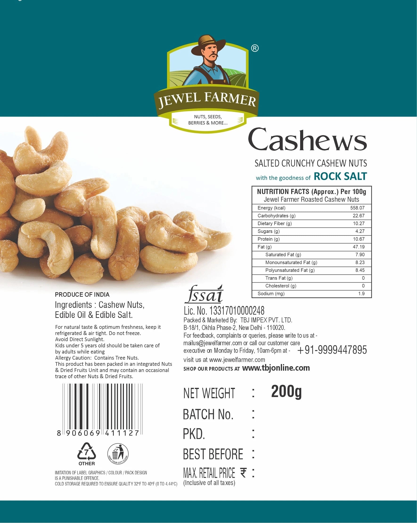 Jewel Farmer Roasted & Salted Cashews 200g – detailed product information, nutritional values, ingredients, and health benefits.