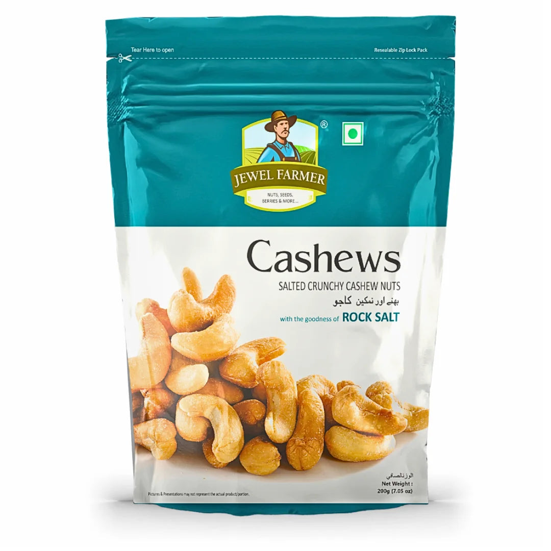 Jewel Farmer Roasted & Salted Cashews 200g – perfectly roasted, lightly salted, crunchy & rich in protein. Ideal for healthy snacking.