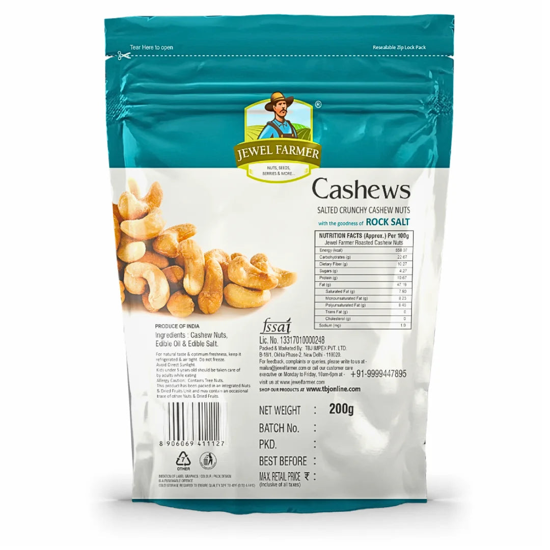 back view of jewel farmer roasted & salted cashews 200g packaging – detailed nutrition facts, ingredients, and storage instructions.