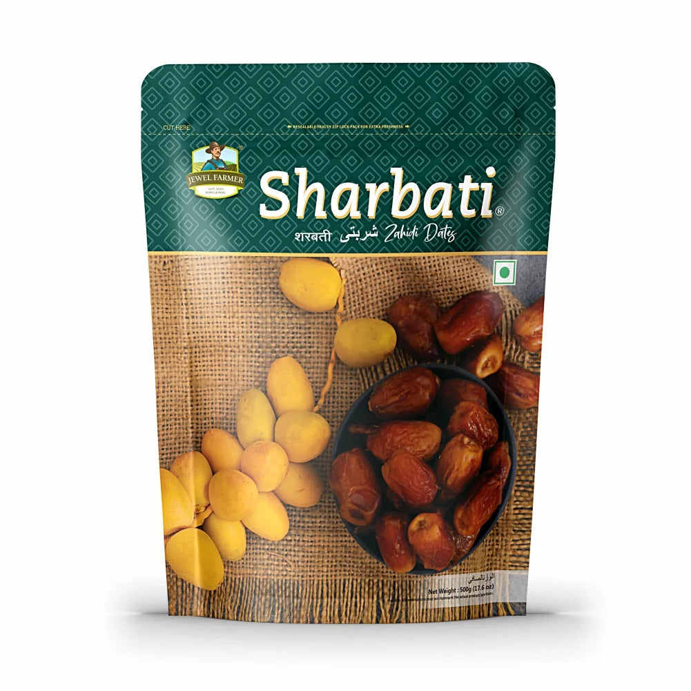 Packaging of Sharbati dates showing both dried and fresh dates, with brand and product name 'Sharbati' prominently displayed.