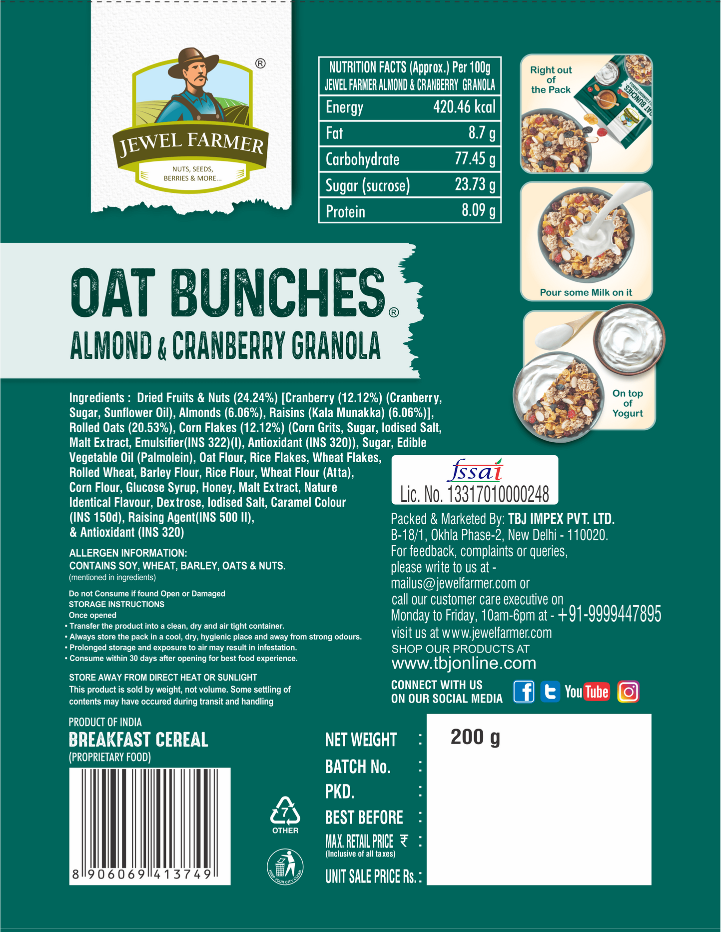 oat bunches almond & cranberry granola - 200g