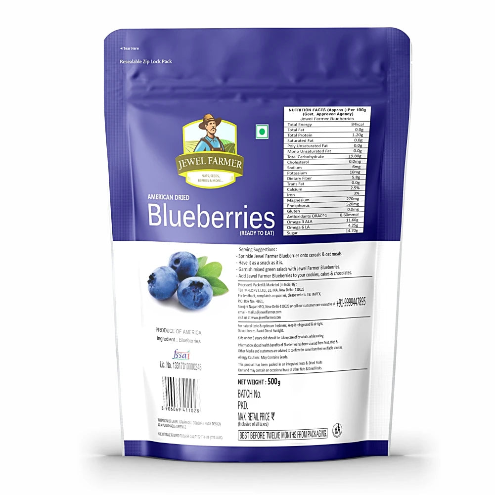 Back view of Jewel Farmer American Dried Blueberries 500g – shows nutrition facts and ingredients of antioxidant-rich dried berries.