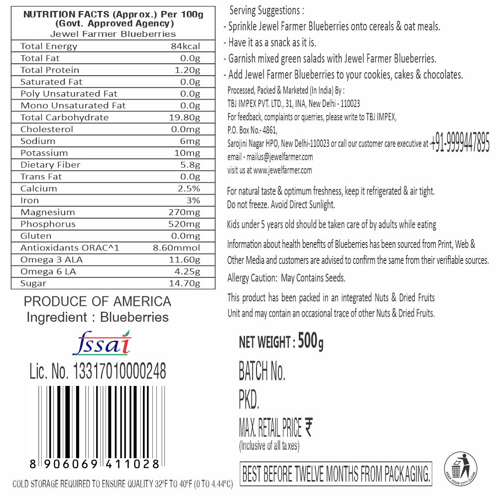 Back information panel of Jewel Farmer Dried Blueberries 500g – highlights fiber, calories, and clean ingredients of dried fruits.