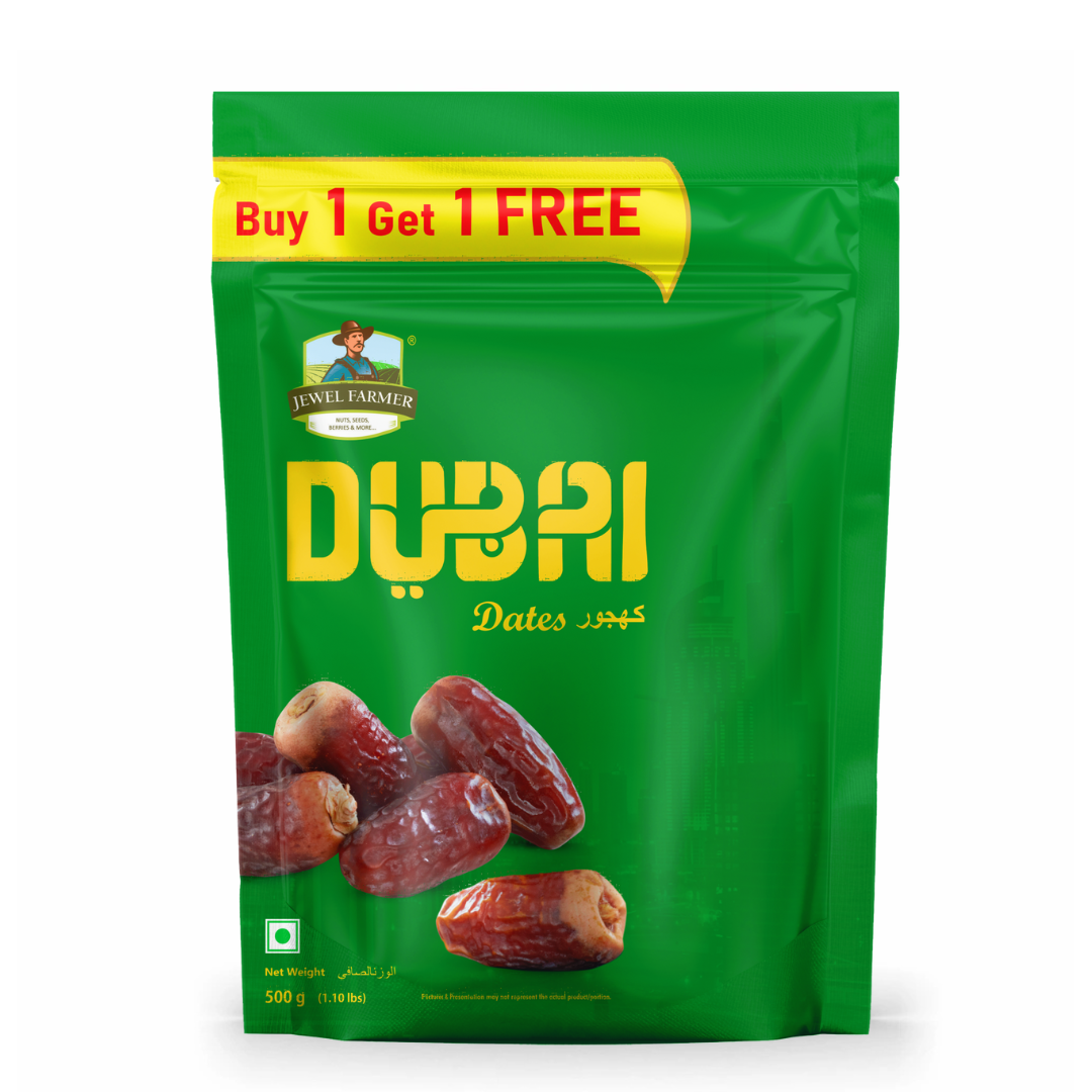 Green package of Dubai dates 500g with a 'Buy 1 Get 1 Free' offer on a white background