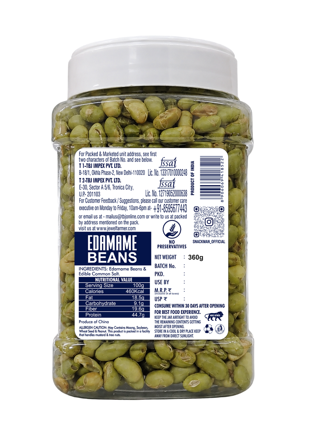 snackman edamame beans (salted & crisp) - 360g