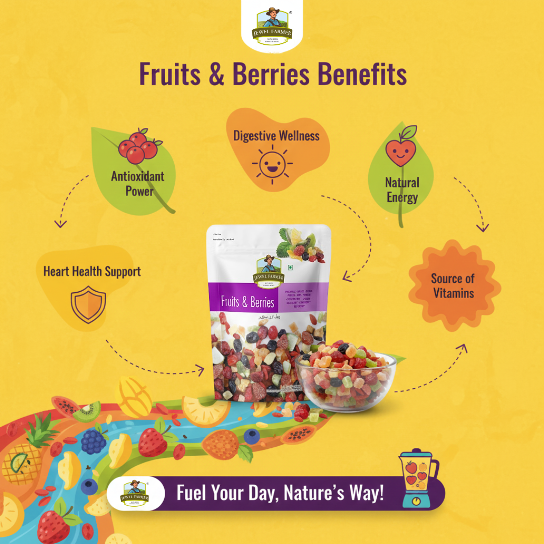 fruits and berries product with health benefits on a yellow background