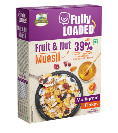 Jewel Farmer Fully Loaded Fruit & Nut Muesli 500g – fiber-rich, heart-healthy mix of grains, dry fruits, and seeds for a balanced morning meal