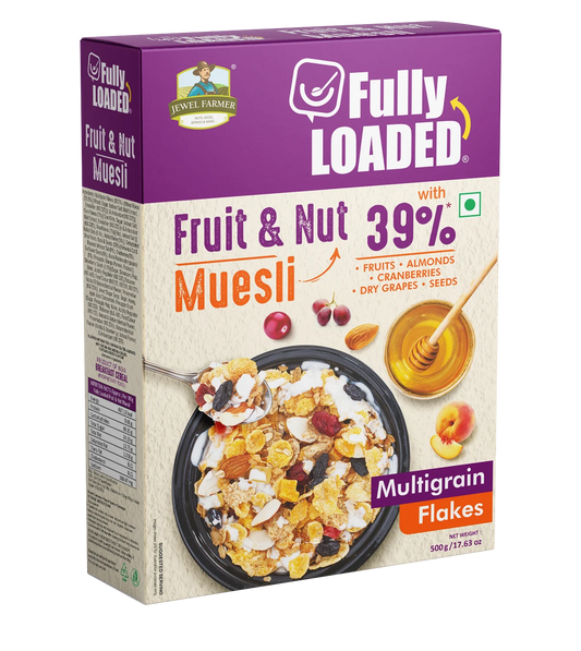 Jewel Farmer Fully Loaded Fruit & Nut Muesli 500g – fiber-rich, heart-healthy mix of grains, dry fruits, and seeds for a balanced morning meal