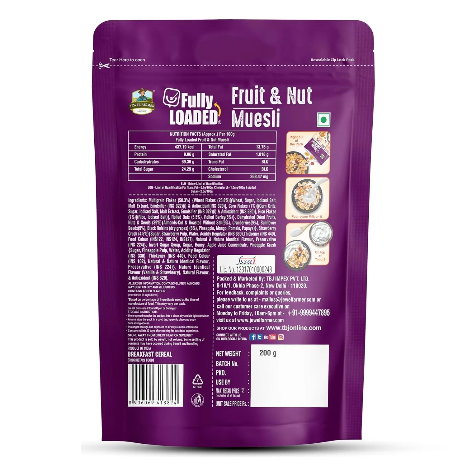 Back side of Jewel Farmer Fruit and Nut Muesli 200g pack displaying nutrition facts, ingredients, and healthy eating information