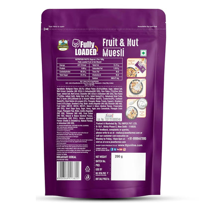Back side of Jewel Farmer Fruit and Nut Muesli 200g pack displaying nutrition facts, ingredients, and healthy eating information