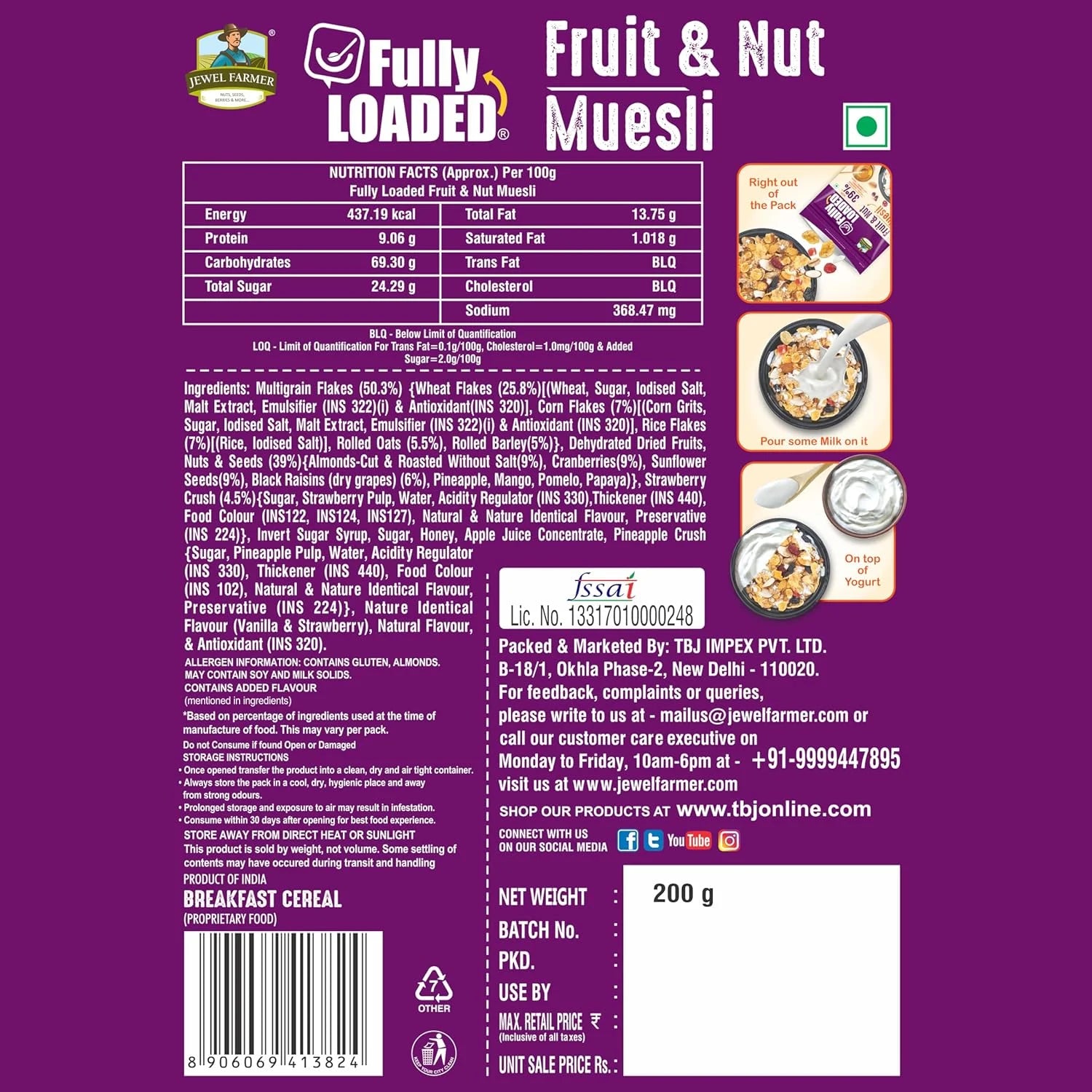 Jewel Farmer Fruit & Nut Muesli 200g info image showing wholesome ingredients, fiber-rich grains, and energy-packed dry fruits blend