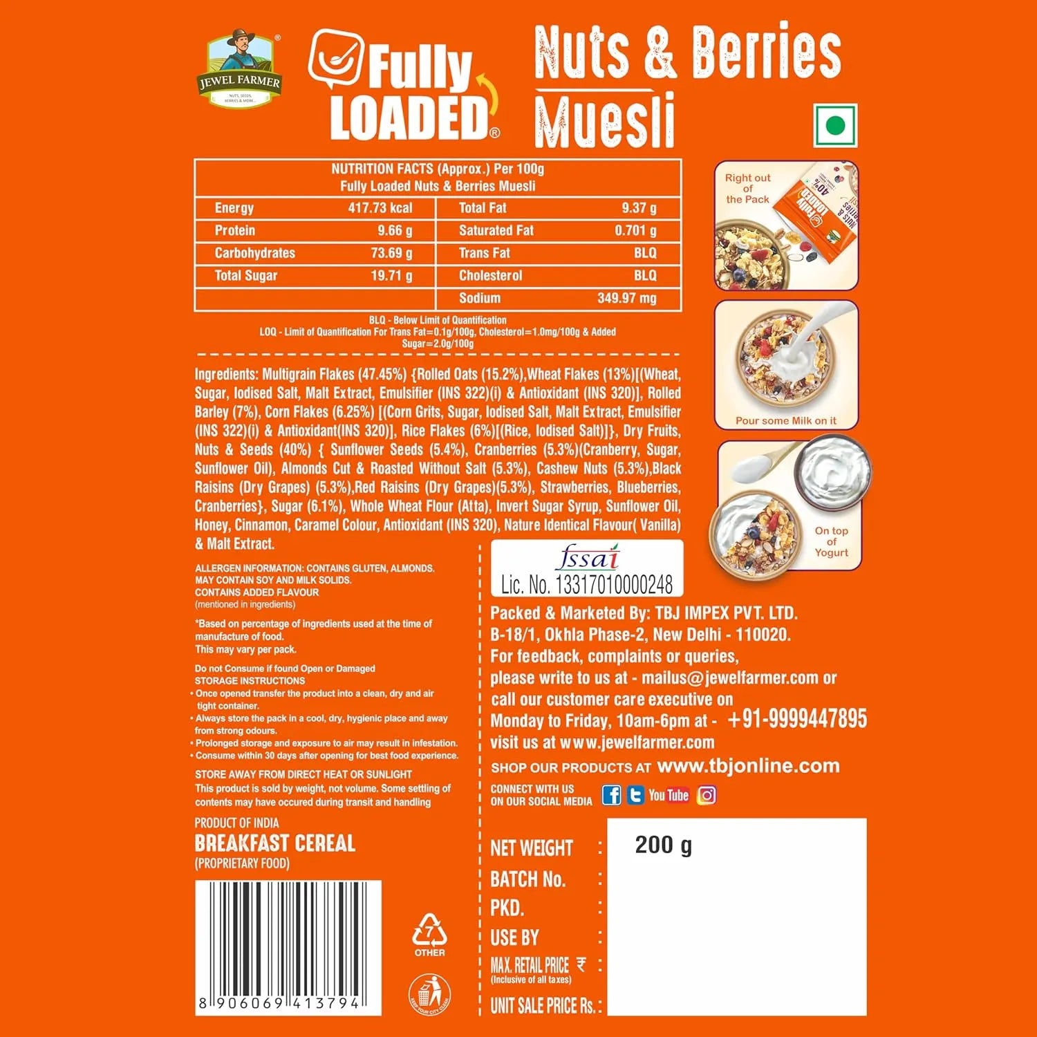 Nutritional information and ingredient list of Jewel Farmer Nuts and Berries Muesli 200g for protein-rich, fiber-packed healthy breakfast choice