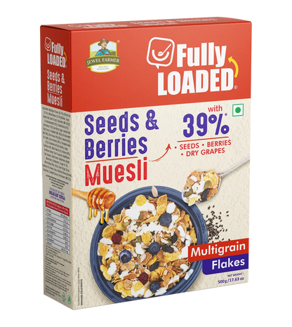 Fully Loaded Seeds and Berries Muesli 500g by Jewel Farmer – organic breakfast mix with super seeds, berries, and natural nutrition.