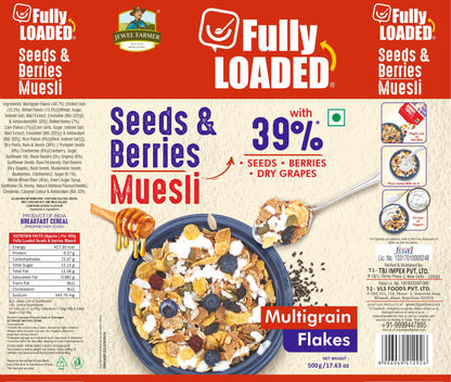 Nutrition label of Jewel Farmer Muesli 500g – high in protein, dietary fiber, and essential minerals from premium dry fruits and seeds.