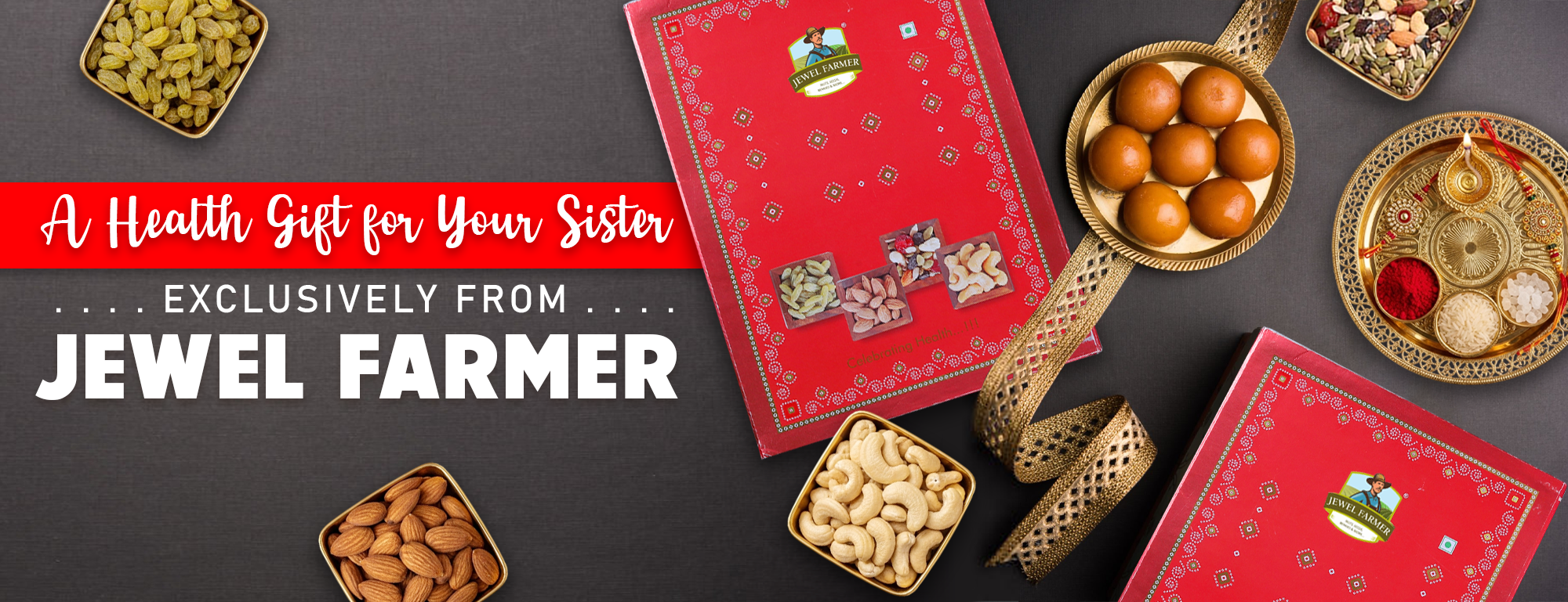 Promotional banner for Jewel Farmer with health gift items on a dark background