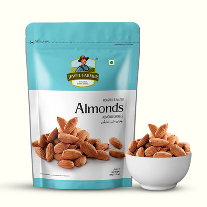 Jewel Farmer roasted and salted almonds packaging with a bowl of almonds on a white background