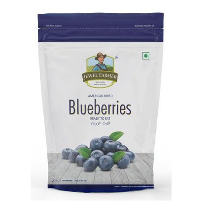 Jewel Farmer American Dried Blueberries 150g – organic dried berries rich in antioxidants, fiber, and natural fruity sweetness.