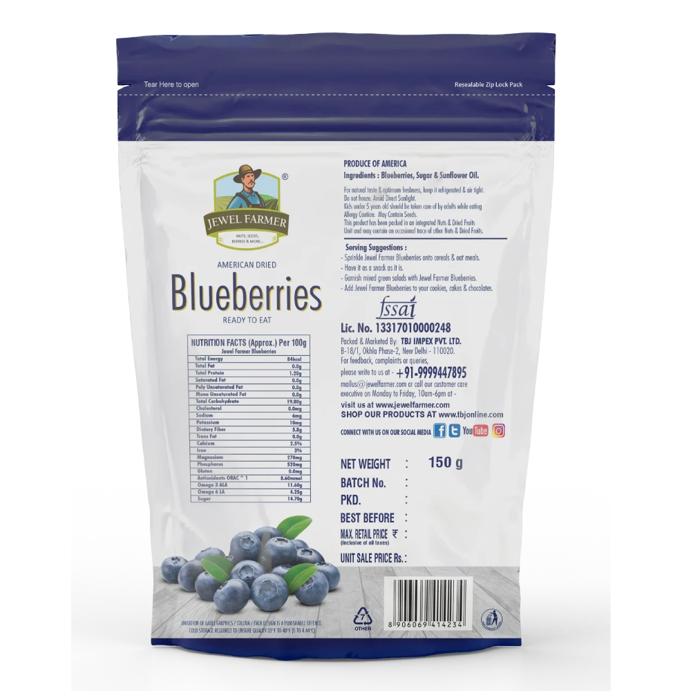 Label and ingredients on back of Jewel Farmer Blueberries 150g – organic dried fruits with fiber, vitamins, and no added preservative