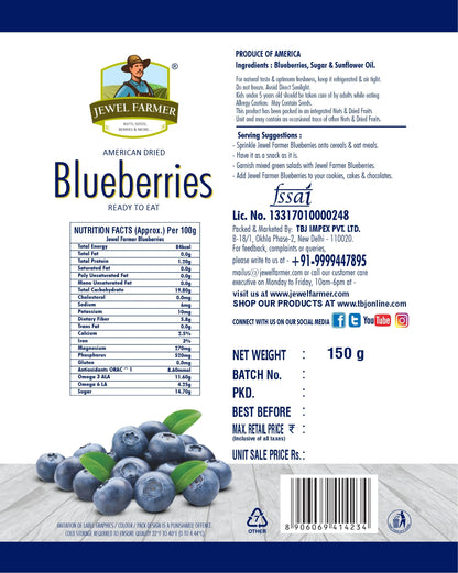 Information label of Jewel Farmer Blueberries 150g – shows natural ingredients, calories, and health benefits of dried fruits.