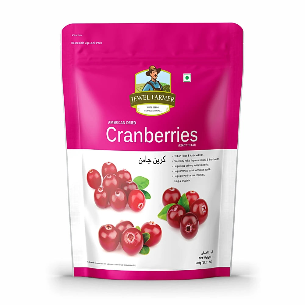 Jewel Farmer American Dried Cranberries 500g – premium American berries for heart health, immunity boost, and natural fruity nutrition.