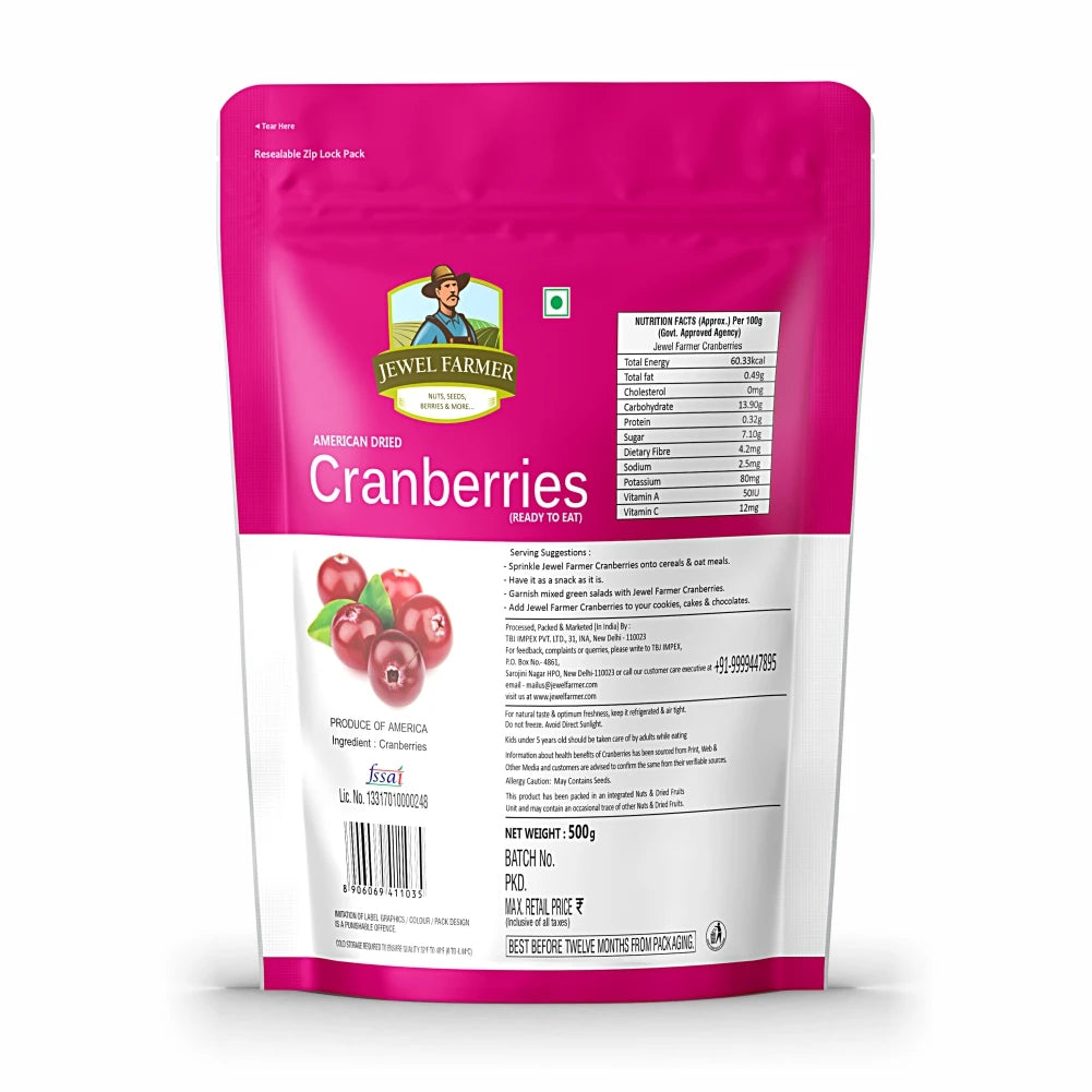 Label and ingredients of Jewel Farmer American Dried Cranberries 500g – rich in natural fiber, vitamins, and fruity goodness.