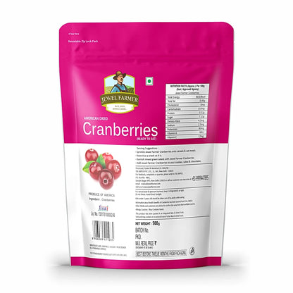 Label and ingredients of Jewel Farmer American Dried Cranberries 500g – rich in natural fiber, vitamins, and fruity goodness.