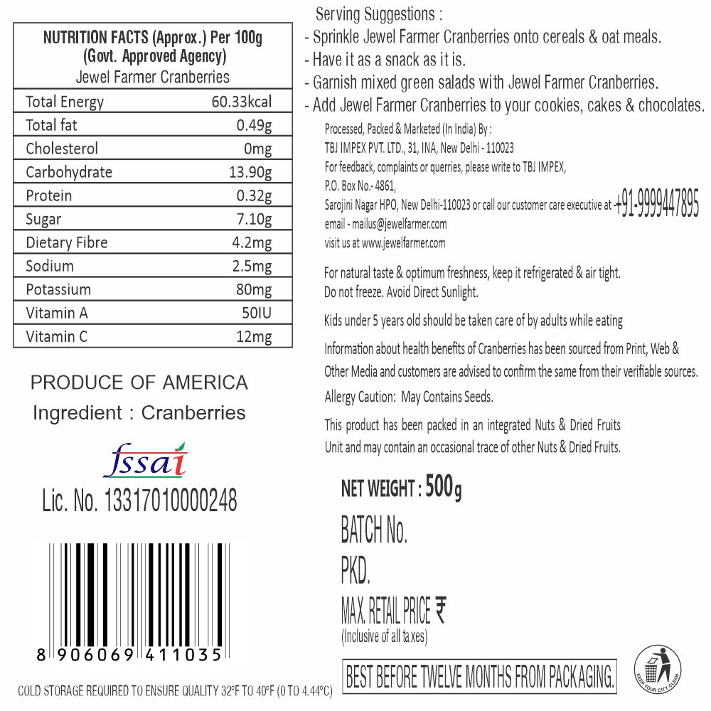 Ingredients and nutrition chart of Jewel Farmer Cranberries 500g – organic dried berries packed with health benefits and vitamins.