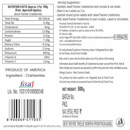 Ingredients and nutrition chart of Jewel Farmer Cranberries 500g – organic dried berries packed with health benefits and vitamins.