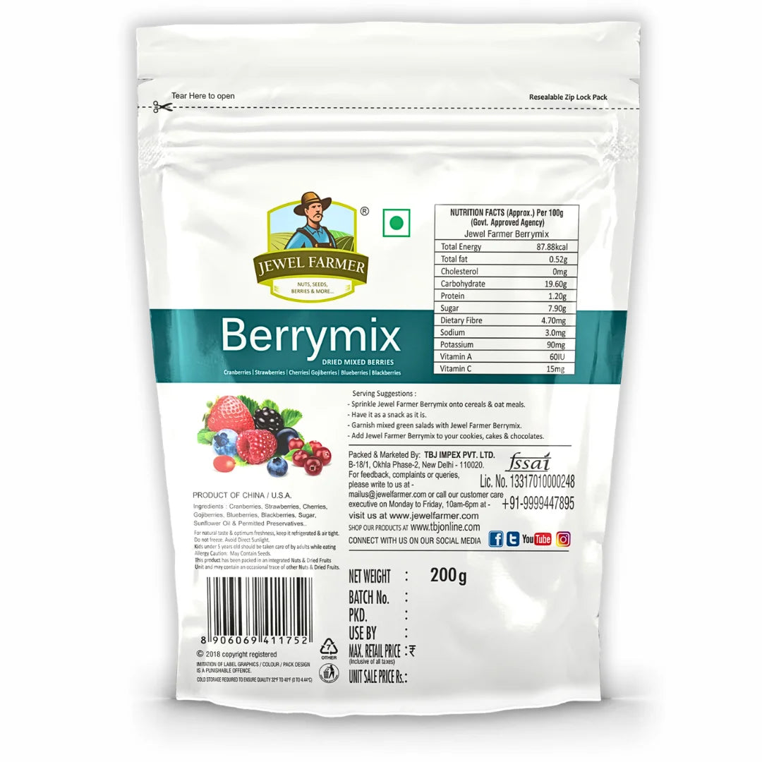Back view of Jewel Farmer Berry Mix 200g – shows nutritional info and ingredients of antioxidant-rich, organic dried mixed berries.