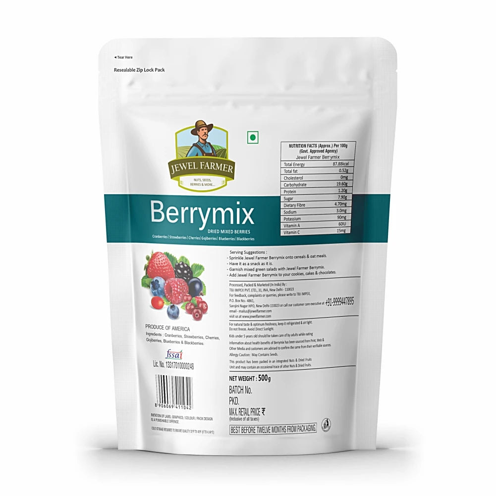 Back view of Jewel Farmer Berry Mix 500g – ingredients and nutrition details of organic dried berries blend with natural health benefits.