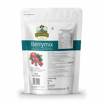 Back view of Jewel Farmer Berry Mix 500g – ingredients and nutrition details of organic dried berries blend with natural health benefits.