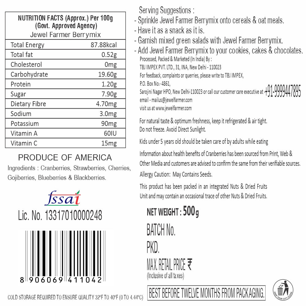 Information label of Jewel Farmer Berry Mix 500g – highlights vitamins, calories, and clean ingredients of premium dried fruits.
