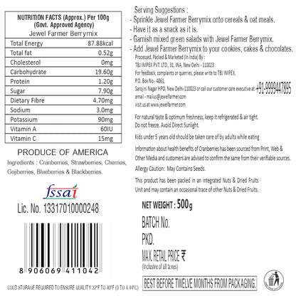 Information label of Jewel Farmer Berry Mix 500g – highlights vitamins, calories, and clean ingredients of premium dried fruits.