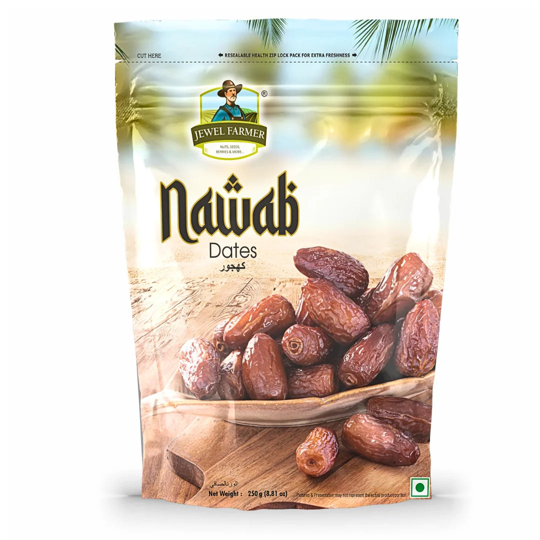 a package of jewel farmer nawab dates weighing 250g, produced by tbj impex pvt. ltd.