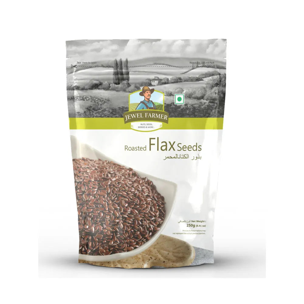 Jewel Farmer Roasted Flax Seeds 250g pack – crunchy, high-protein flaxseed snack ideal for healthy lifestyle and daily nutrition.