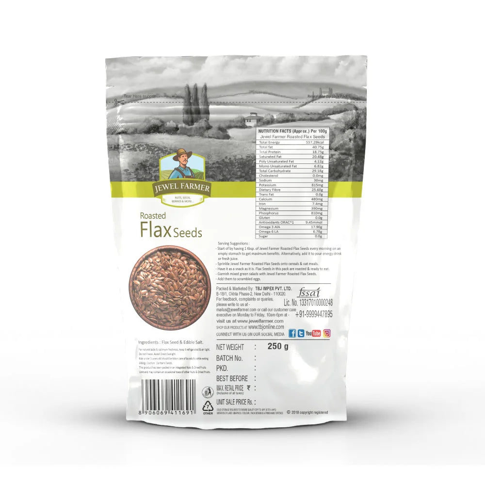 Back image of Jewel Farmer Roasted Flax Seeds 250g showing nutritional facts, ingredients, and product details for healthy eating.
