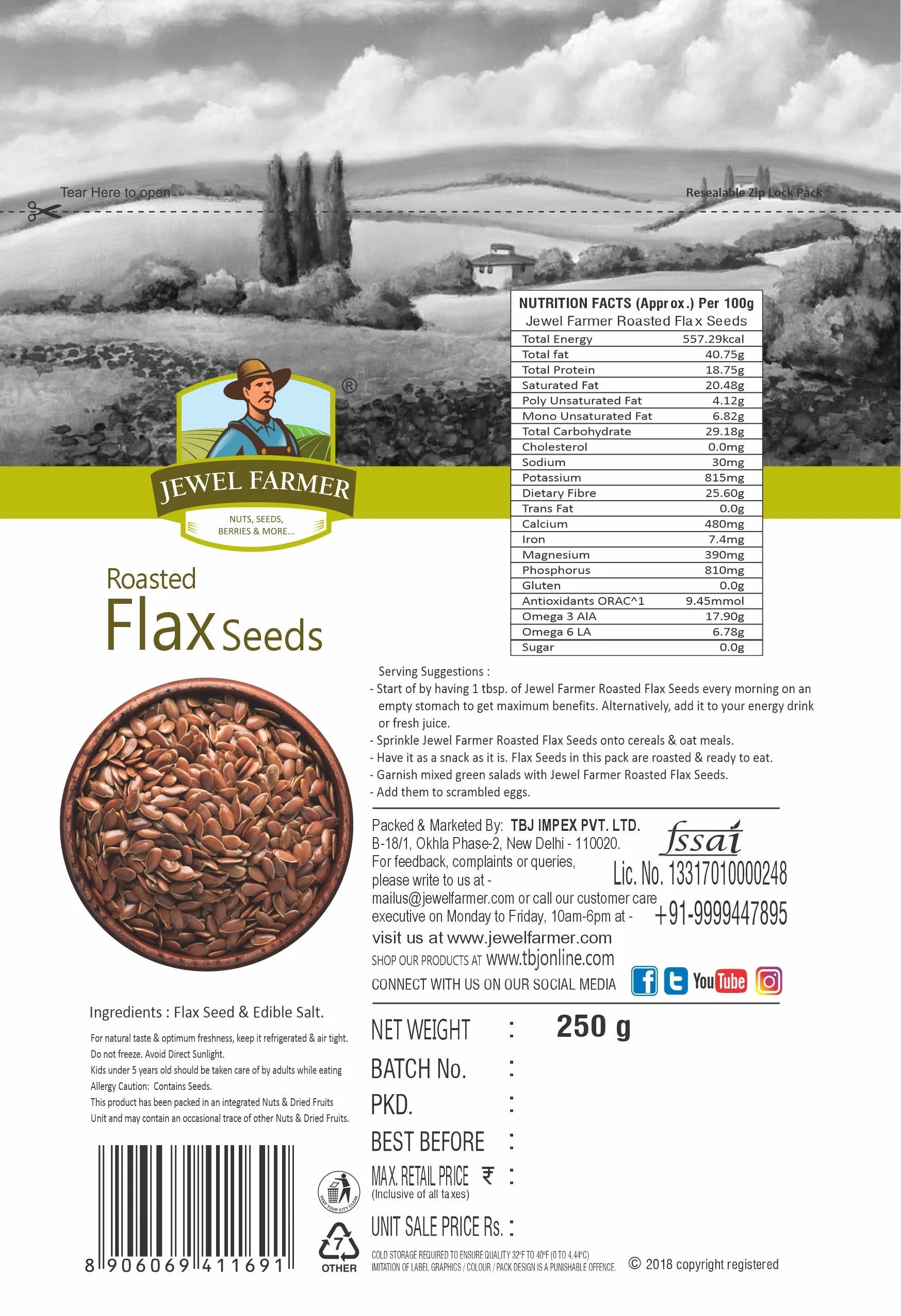 Informational image of Jewel Farmer Roasted Flax Seeds 250g highlighting protein, fiber, and heart health benefits of flaxseed snack.