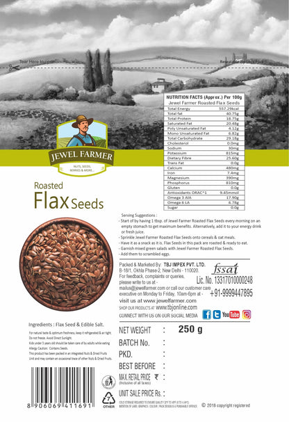 Informational image of Jewel Farmer Roasted Flax Seeds 250g highlighting protein, fiber, and heart health benefits of flaxseed snack.