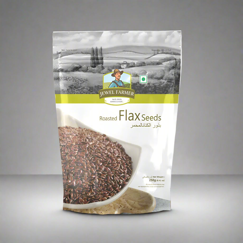 Showcase image of Jewel Farmer Roasted Flax Seeds 250g highlighting crunchy texture, premium packaging, and healthy flaxseed snack.