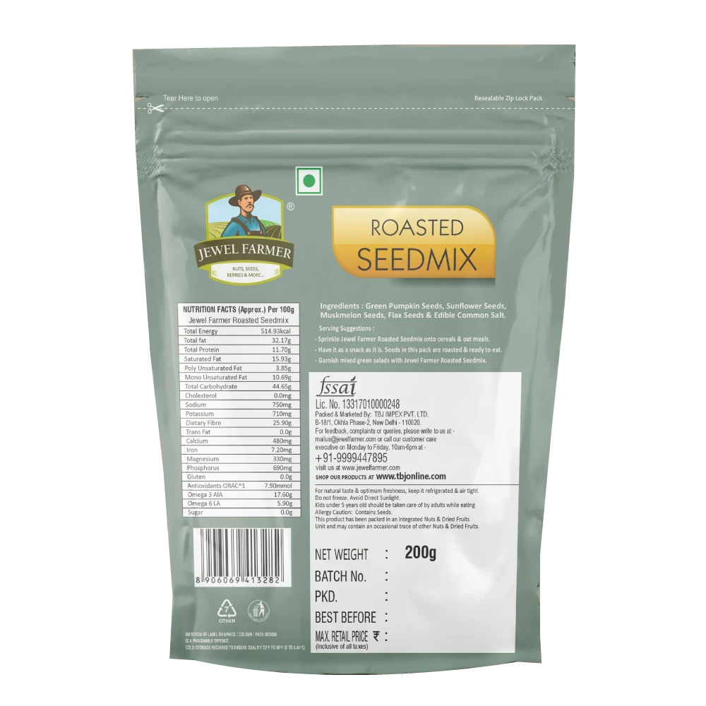 Back image of Jewel Farmer Roasted Seedmix 200g showing nutritional facts, seed ingredients, and health-focused product information.