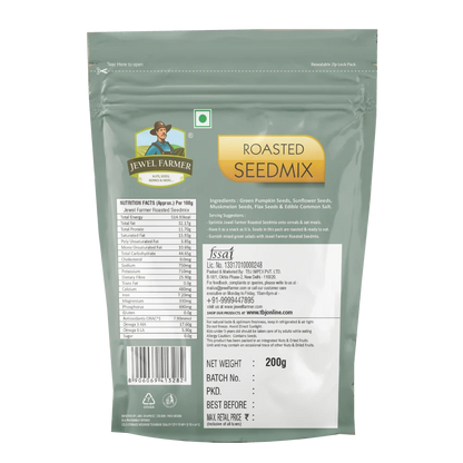 Back image of Jewel Farmer Roasted Seedmix 200g showing nutritional facts, seed ingredients, and health-focused product information.