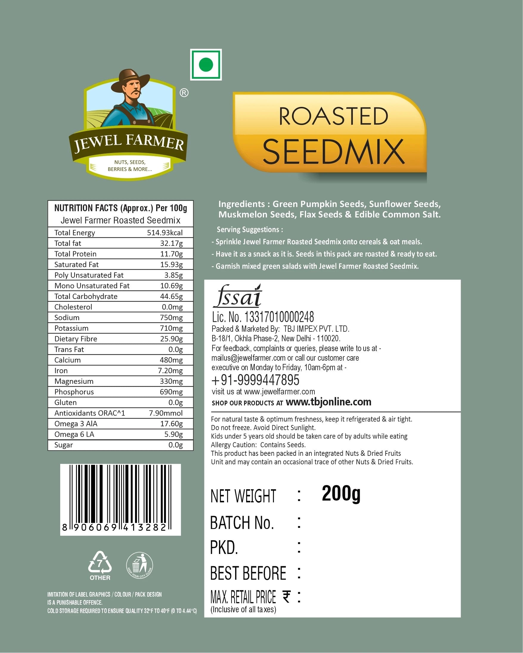 Informational image of Jewel Farmer Roasted Seedmix 200g highlighting protein, fiber, and benefits of healthy, roasted mixed seeds.
